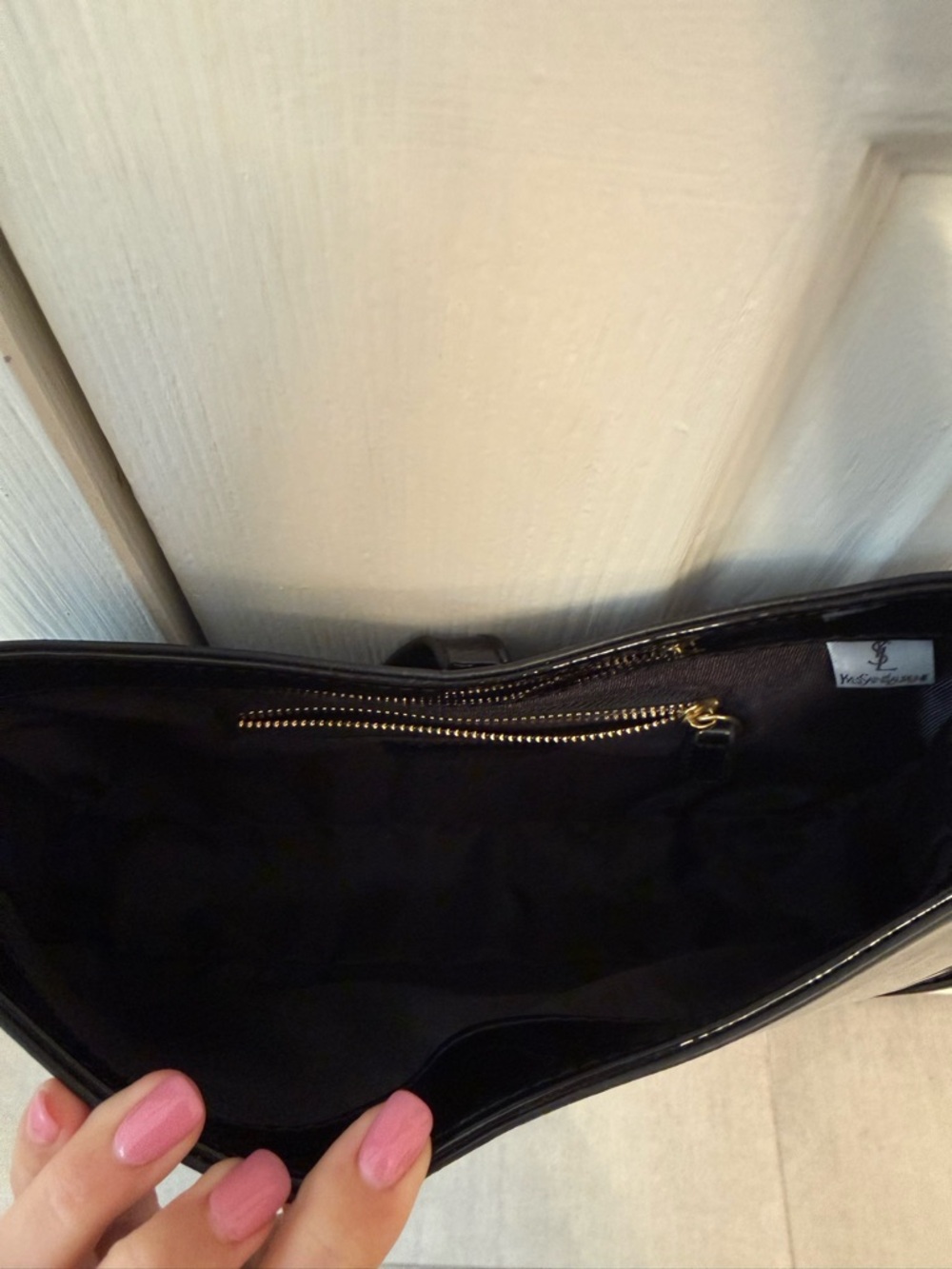 Black Patent Shoulder Bag with Gold Logo - Picture 2 of 4